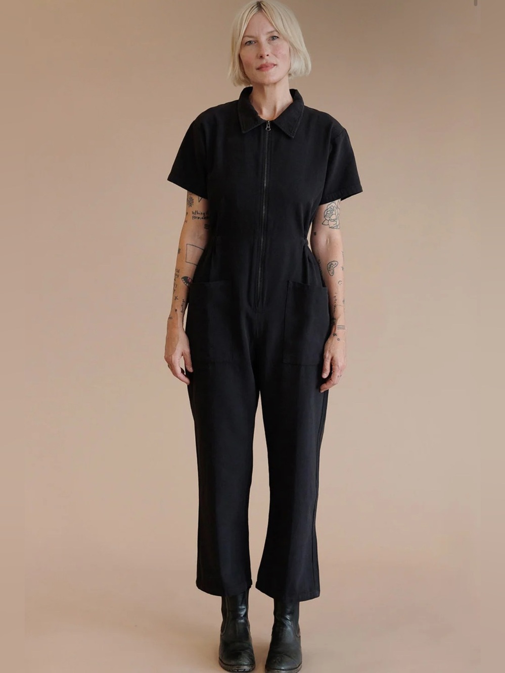 Black Short-Sleeve Zip Front Jumpsuit